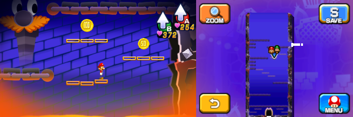 Mario near a 50 Coin and a 100-Coin in Dreamy Neo Bowser Castle accessed by the second Koopa Clown Car Dreampoint of Mario & Luigi: Dream Team.