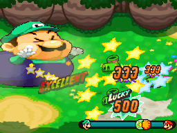 An attack in Mario & Luigi: Bowser's Inside Story hitting multiple enemies at once. Note how one of the hits is a lucky hit, causing it to deal more damage.