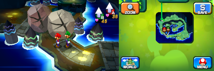 Mario and Luigi near two boulders containing a Coin each in Mushrise Park of Mario & Luigi: Dream Team.