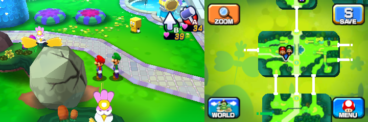 Mario and Luigi near a boulder containing a Coin in Mushrise Park of Mario & Luigi: Dream Team.