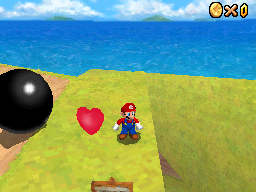 Mario next to a Spinning Heart in Bob-omb Battlefield