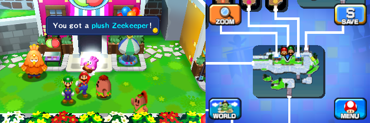 Mario getting the Plush Zeekeeper from Hoolo in Wakeport of Mario & Luigi: Dream Team.