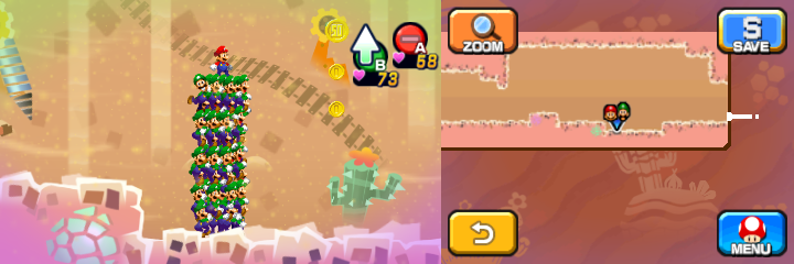 Mario and Luiginoids (in the shape of a stack) near 2 Coins and 50-Coin in Dreamy Dozing Sands accessed by Dreampoint housing the Dream Stone's spirit of Mario & Luigi: Dream Team.