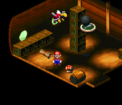 Mario finding a Mushroom in the first puzzle room of Sunken Ship of Super Mario RPG: Legend of the Seven Stars.