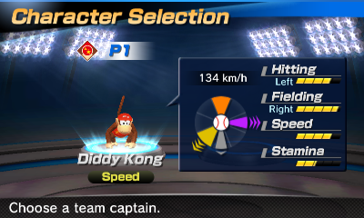 Diddy Kong's stats in the baseball portion of Mario Sports Superstars