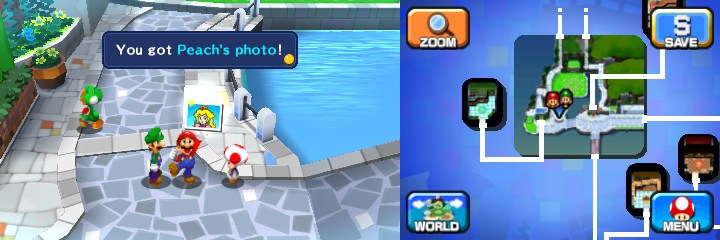 Mario getting the Peach's Photo from a Toad in Wakeport of Mario & Luigi: Dream Team.