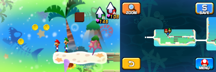 Mario and Luigi near 3 Coins in Dreamy Driftwood Shore housing Seabury the Seadring of Mario & Luigi: Dream Team.