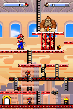 A screenshot of the final battle against Donkey Kong on the Roof from Mario vs. Donkey Kong 2: March of the Minis.