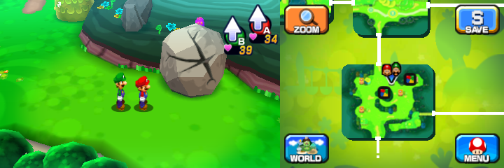 Mario and Luigi near a boulder containing a Coin in Mushrise Park of Mario & Luigi: Dream Team.