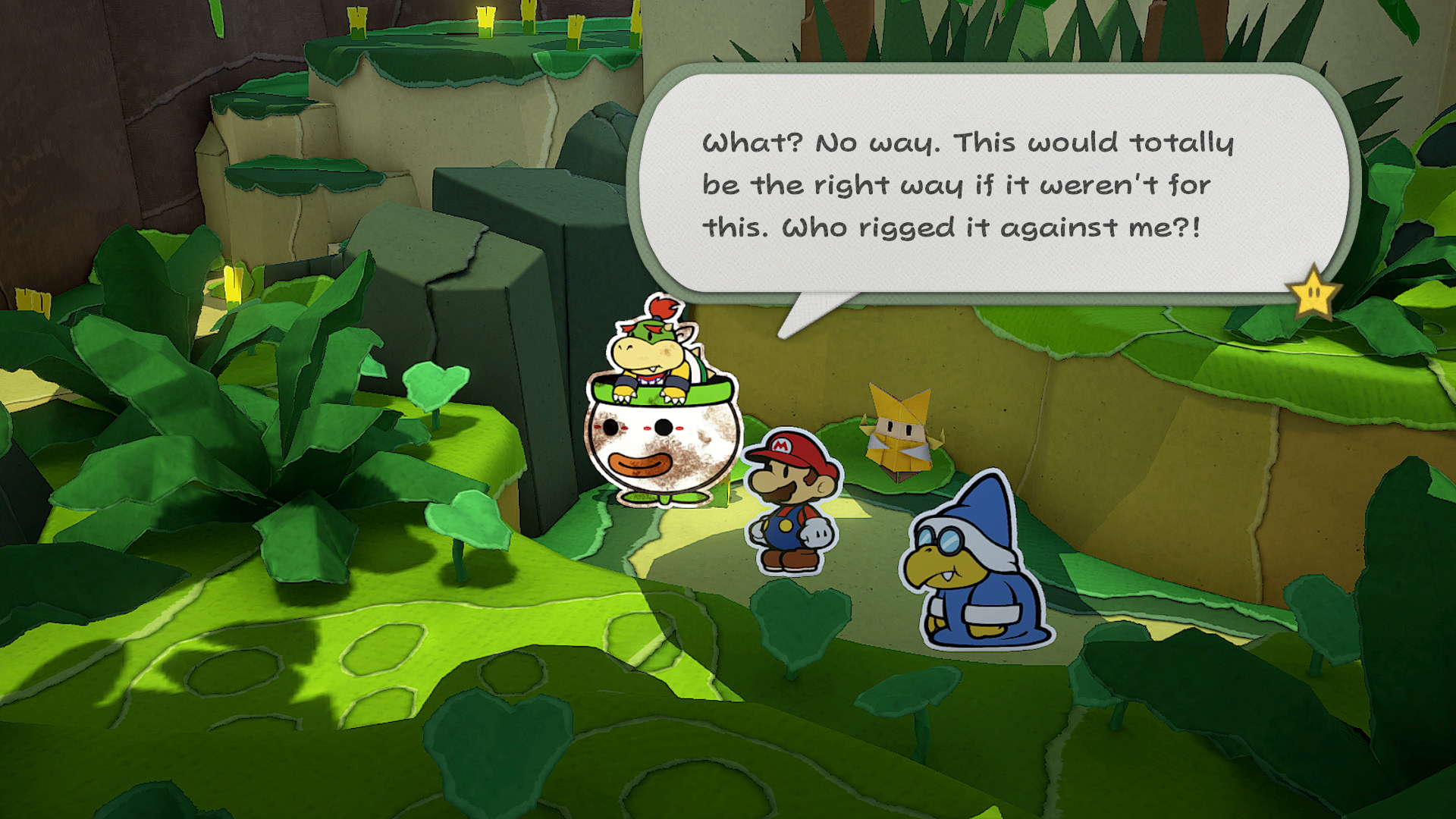 Bowser Jr., Mario, Olivia, and Kamek in the Spring of Jungle Mist