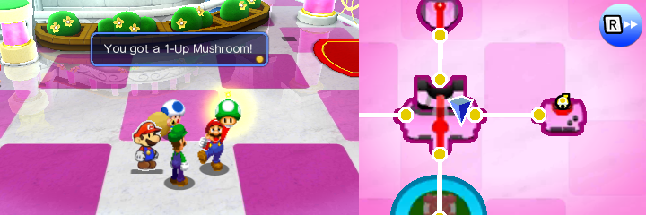 Mario getting a 1-Up Mushroom from the Delivery Toad in non-damaged Peach's Castle of Mario & Luigi: Paper Jam.