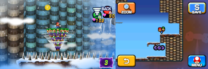 Mario and Luiginoids (in the shape of a cone) near a 100-Coin in Dreamy Mount Pajamaja accessed by the Mega Pi'illo named Shawn of Mario & Luigi: Dream Team.