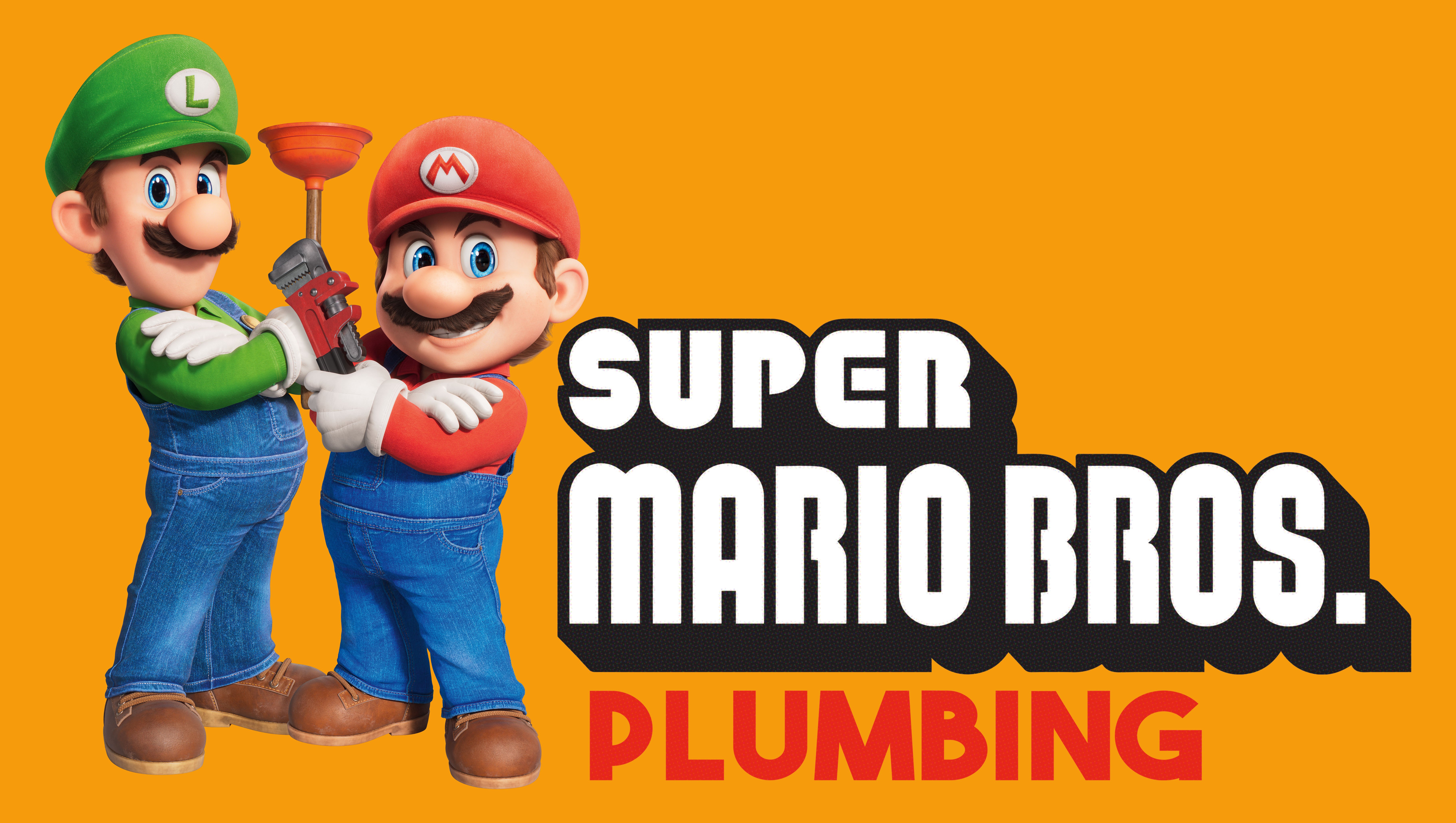 Poster featuring Mario and Luigi with their plumbing business logo