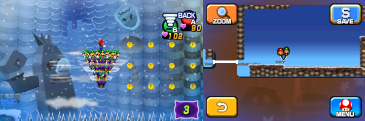 Mario and Luiginoids (in the shape of a cone) near 15 Coins (with 12 visible) in Dreamy Mount Pajamaja accessed by the Mega Pi'illo named Shawn of Mario & Luigi: Dream Team.