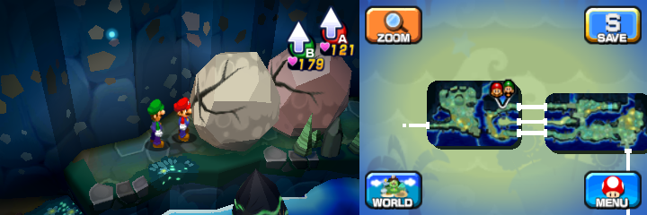 Mario and Luigi near two boulders containing a Coin each in Driftwood Shore of Mario & Luigi: Dream Team.