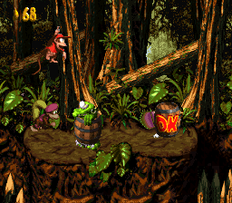 Diddy and Dixie Kong find a Klobber in Klobber Karnage of Donkey Kong Country 2: Diddy's Kong Quest.