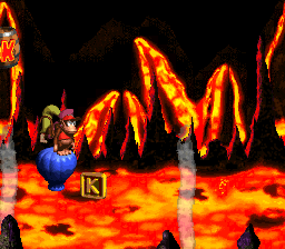 The location of the letter K in Red-Hot Ride from Donkey Kong Country 2: Diddy's Kong Quest