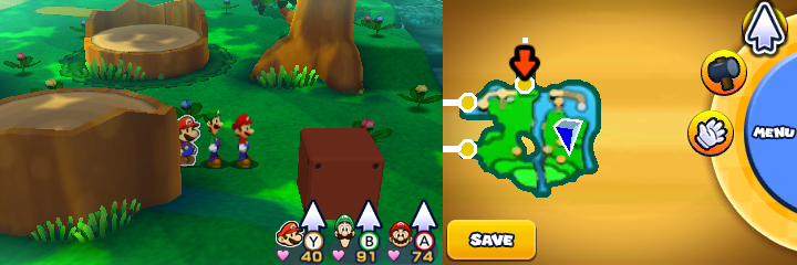 Group near 11 spinny flowers containing a Five Coin each in Gloomy Woods of Mario & Luigi: Paper Jam.