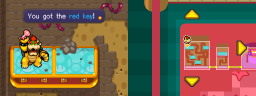 Bowser picking up the Red Key from a destroyed Fafwulcopter in Peach's Castle of Mario & Luigi: Bowser's Inside Story.