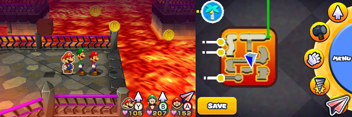 Group near 7 Coins in Bowser's Castle of Mario & Luigi: Paper Jam.