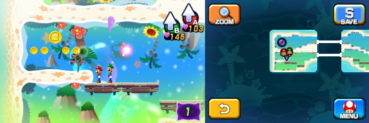 Mario and Luigi near 4 Coins and a 100-Coin in Dreamy Driftwood Shore accessed by the first Pink Pi'illo of Mario & Luigi: Dream Team.