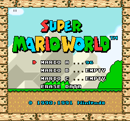 European title screen of Super Mario World, with all 96 exits found.