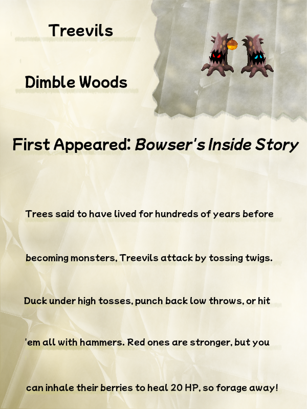 A faded, crinkled journal page titled "Treevils" displays sprites of Treevils with and without berries from Mario & Luigi: Bowser's Inside Story + Bowser Jr.'s Journey. Beneath the title is a line reading "Dimble Woods". Beneath this line, the next reads "First Appeared: Bowser's Inside Story". After this, the text reads: "Trees said to have lived for hundreds of years before becoming monsters, Treevils attack by tossing twigs. Duck under high tosses, punch back low throws, or hit 'em all with hammers. Red ones are stronger, but you can inhale their berries to heal 20 HP, so forage away!"