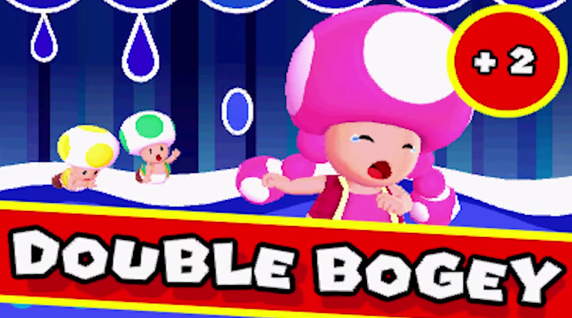 Toadette heartbroken after getting a Double Bogey in Mario Golf: World Tour.