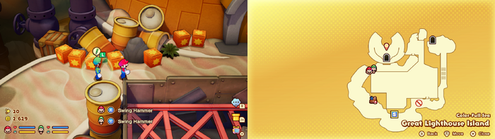 Mario and Luigi near wooden crates containing 2 Coins and 2 Five Coins on Great Lighthouse Island of Color-Full Sea of Mario & Luigi: Brothership.