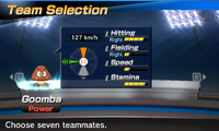 Goomba's stats in the baseball portion of Mario Sports Superstars
