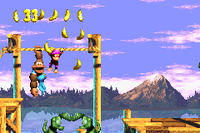 Dixie and Kiddy hold on a horizontal rope above two Kobbles in Lakeside Limbo in the Game Boy Advance remake