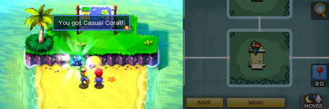 Luigi getting the Casual Coral pants from the purple Oho Jee in Oho Ocean part of Oho Oasis of Mario & Luigi: Superstar Saga + Bowser's Minions.