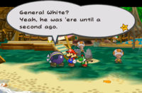 Mario and Mini-Yoshi inquiring Pa-Patch about General White in the Keelhaul Key town