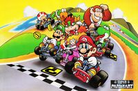 Artwork of the racers in Super Mario Kart. This image was cropped and used for the Japanese boxart.