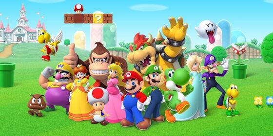 Promotional illustration of major recurring characters in the Super Mario franchise.
