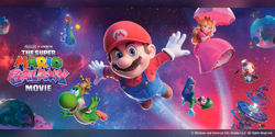 A banner promoting a UNIQLO clothing line themed after The Super Mario Galaxy Movie.