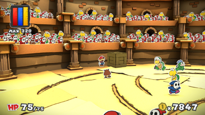 Mario near a crate containing Jump x2 Battle Card in The Golden Coliseum of Paper Mario: Color Splash.