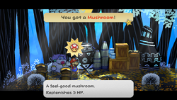 Mario getting a Mushroom from Jabble in The Great Tree of Paper Mario: The Thousand-Year Door for Nintendo Switch.
