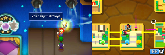 Mario and Luigi catching the Birdley in Toad Town of Mario & Luigi: Bowser's Inside Story + Bowser Jr.'s Journey.