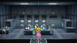 Princess Peach in front of the table with the potions in X-Naut Fortress of Paper Mario: The Thousand-Year Door for Nintendo Switch.