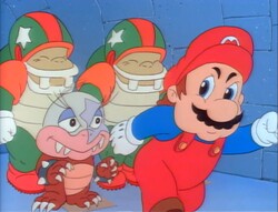 Mario running the opposite way, after seeing the path he took led to Big Mouth Koopa accompanied by some Koopa Football Players in "Send in the Clown"