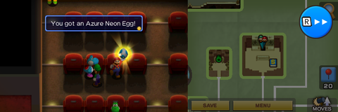 Mario getting the Azure Neon Egg from a azure Yoshi in Yoshi Theater part of Beanbean Fields of Mario & Luigi: Superstar Saga + Bowser's Minions.