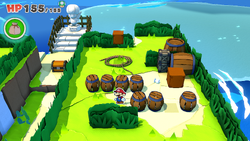 Mario standing near seven barrels with one containing a Shiny Ice Flower on Hammer Island of The Origami King.