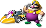 Artwork of Wario and his standard kart from Mario Kart Wii