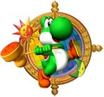 Mario Party 6 promotional artwork: Yoshi equipped with a stamp hammer. Based on the minigame Stamp By Me, version 2.