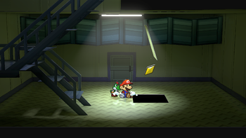 Mario getting the Star Piece under a hidden panel on the first floor of the Glitz Pit storeroom in the remake of the Paper Mario: The Thousand-Year Door for the Nintendo Switch.