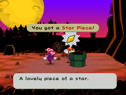 Mario getting the Star Piece behind the pipe to the wood in Twilight Trail in Paper Mario: The Thousand-Year Door.