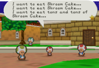 A red Toad kid in southwestern Toad Town wishing for Shroom Cakes on the Star Ship mistaken as a shooting star at the beginning of Chapter 8 of Paper Mario