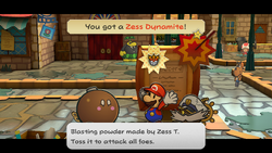 Mario getting a Zess Dynamite from Lucky in Rogueport of Paper Mario: The Thousand-Year Door for Nintendo Switch.