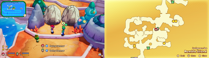Mario and Luigi near breakable rocks containing a Coin on Rumbla Island of Mario & Luigi: Brothership.